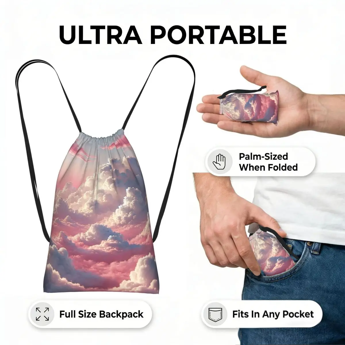 Pink Clouds Sky Large Sunset Glow Drawstring Backpack hiking cycling Bag Lightweight Foldable Storage Drawstring Bag Men Women