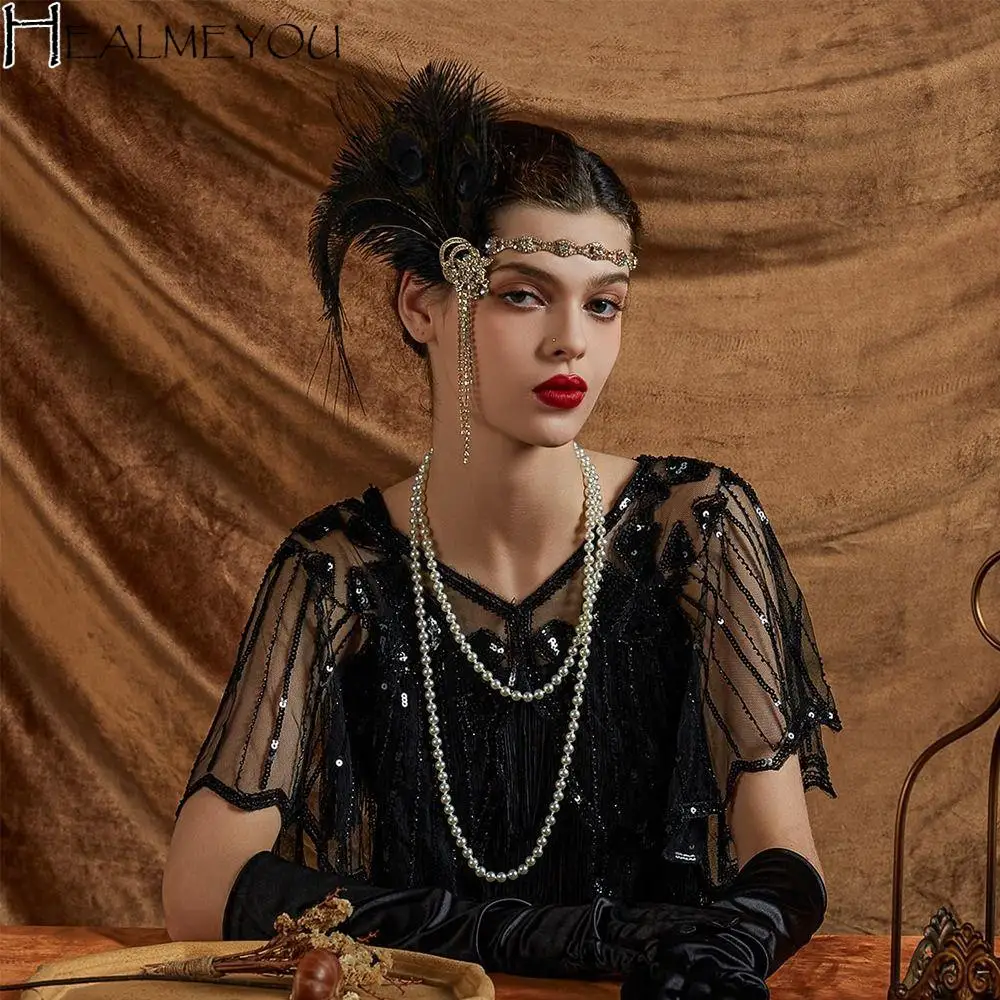 

Retro Vintage Feather Headband Crystal Zircon Masquerade Hair Band Rhinestone Sequin 1920s Hair Accessories Stage Performance