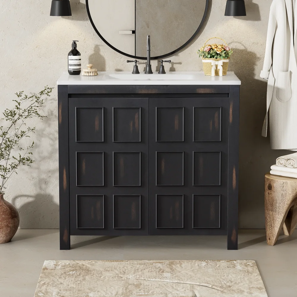 

36 " Bathroom Vanity Organizer with Ceramic Sink, Set Bathroom Storage Cabinet, Vintage Espresso(Old SKU:SV000004AAE-2)
