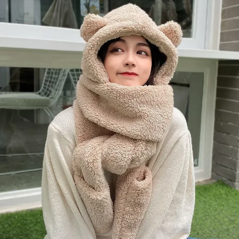 4PCS 3-in-1 Little Bear Hat Scarf Gloves Plush Double Layer Thickened Multi Functional Ear Protection Warm Hat