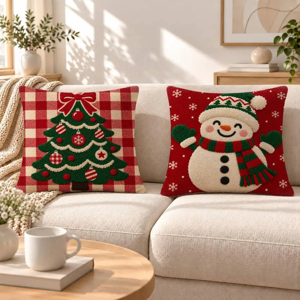 Tuft-Style Gingham Christmas Tree Motif Cushion Cover Soft Short‑Plush Pillowcase, Sofa Bedroom Home Decor, Holiday Gift