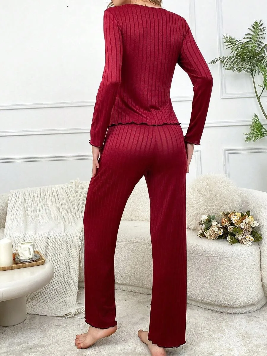 Autunno Inverno Vestiti per la casa Set di spwear con finiture in pizzo da donna Set lungo Sve rotondo Ne Pantaloni lunghi Casual Faion Outfit Set a due pezzi
