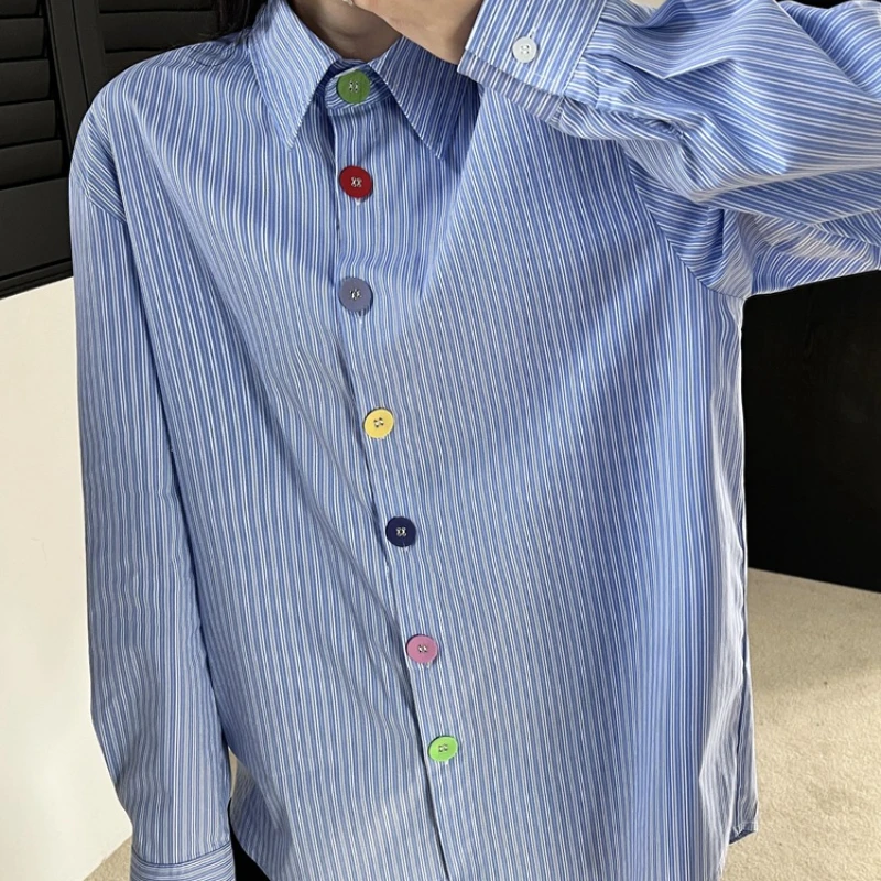 

Chic Loose Women's Blue Striped Shirt with Colorful Buttons Korean Style Casual Top Fashionable Design 2024 Summer