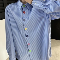 Chic Loose Women's Blue Striped Shirt with Colorful Buttons Korean Style Casual Top Fashionable Design 2024 Summer