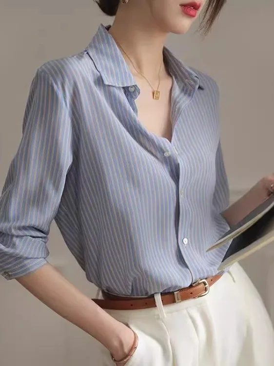 

Шелковая блузка Ele для женщин: весенне-осенняя, высококачественная, приталенная, с длинным рукавом, в полоску, на пуговицах