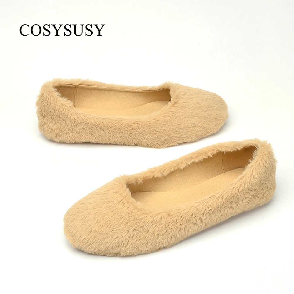 COSYSUSY Fashion Women's Shoes Slip on Flats Casual Women Flat Solid Round Toe Soft Bottom Warm Shoe Female Lamb Wool Shoes