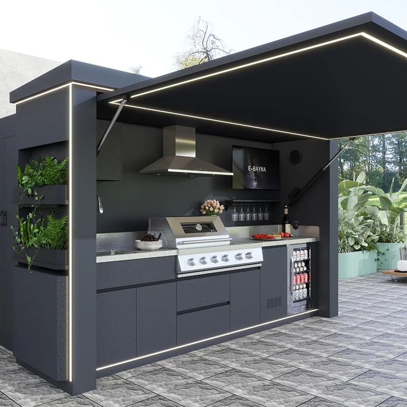All-In-One Outdoor Kitchen System Stainless Steel Chrome Plated Remote Control Grill Flame Safety Device Waterproof Cabinet BBQ
