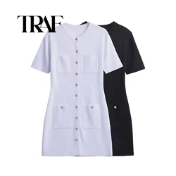 TRAF Female Elegant Single Breasted Kintted Dresses Slim Short Sleeve O Neck Four Pockets 2024 Autumn Mini Dress Y2k