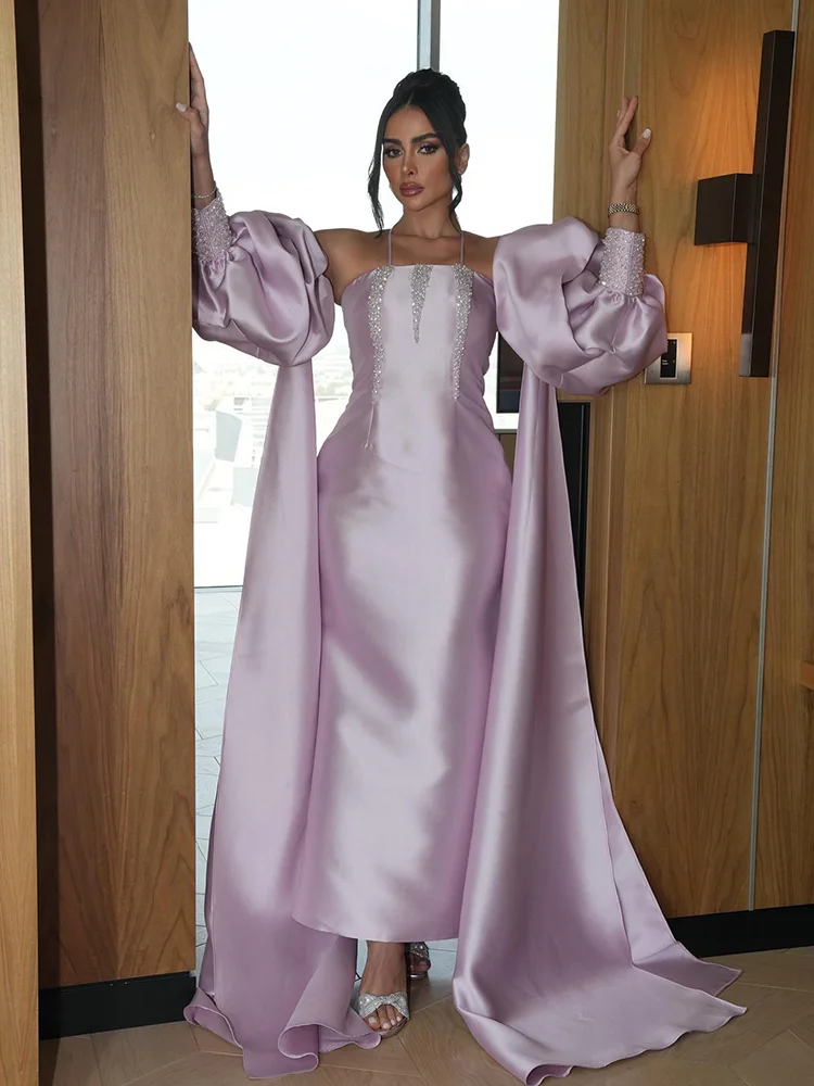 Jirocum Vintage Satin Meerjungfrau Ballkleider Damen Neckholder Puffärmel Perlen Abendkleid Bodenlanges Kleid für besondere Anlässe