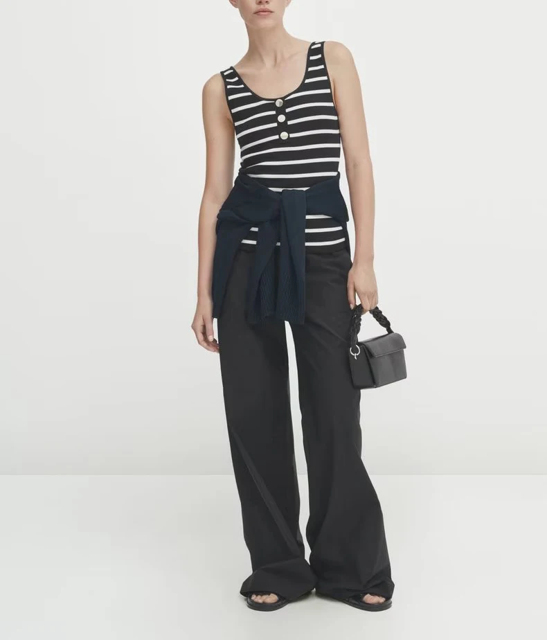 MD Women's 2024 New Small Fragrance Style Tight Gold Buckle Strap Stripe Vest Top T-Shirt Commute Style Polyester Fiber 100%