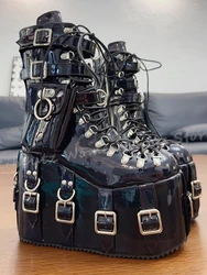 Belt Buckles Platform Ankle Boots Bags Lace-Up Patent Leather Thick Bottom Round Toe Solid Color Fashion Elegant Sexy Novelty