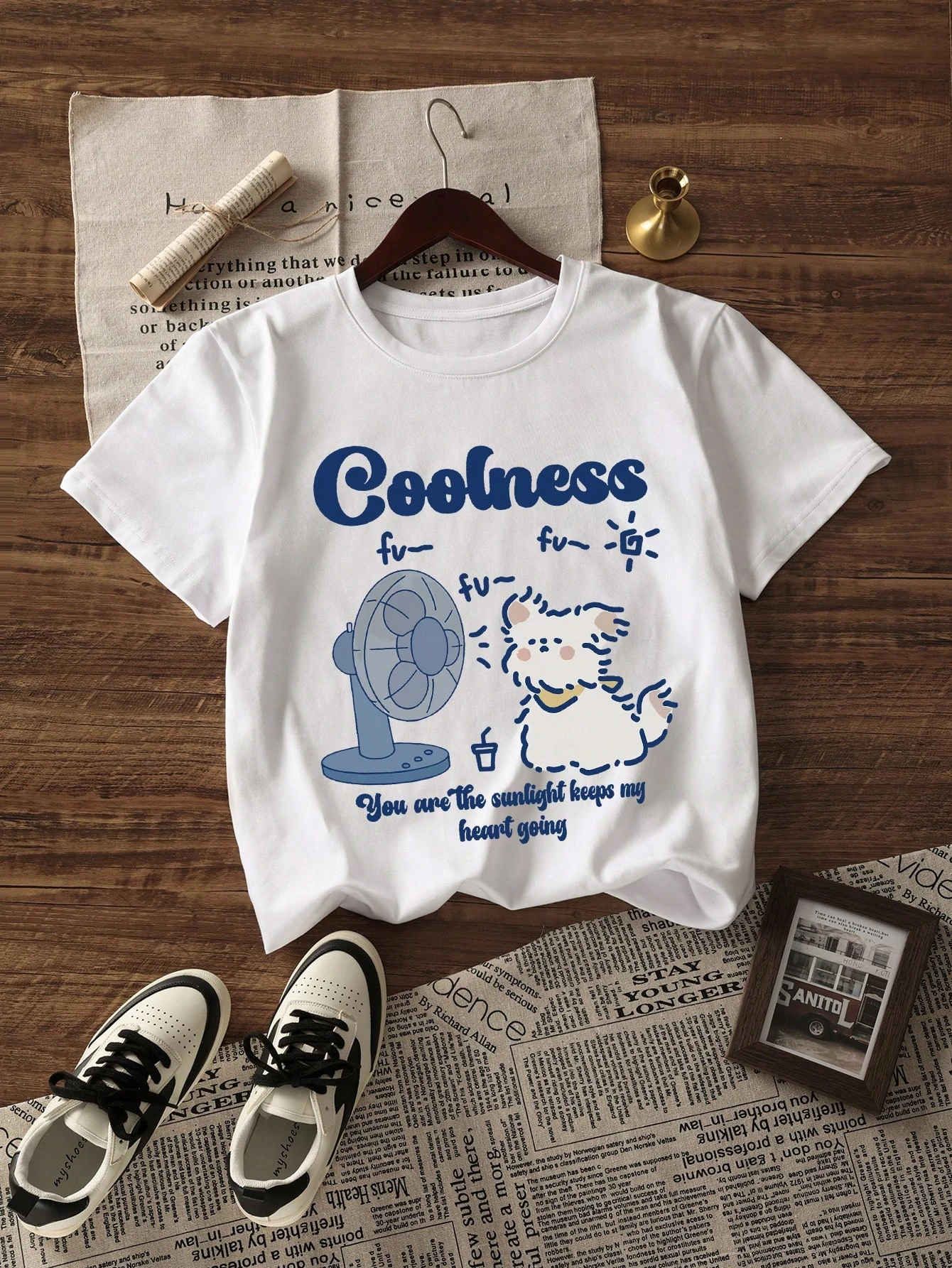 Family Matching Outfit T‑Shirt Cool Cat Electric Fan Cartoon Print Mother Daughter Casual Parent‑Child Short Sleeve Daily Tee