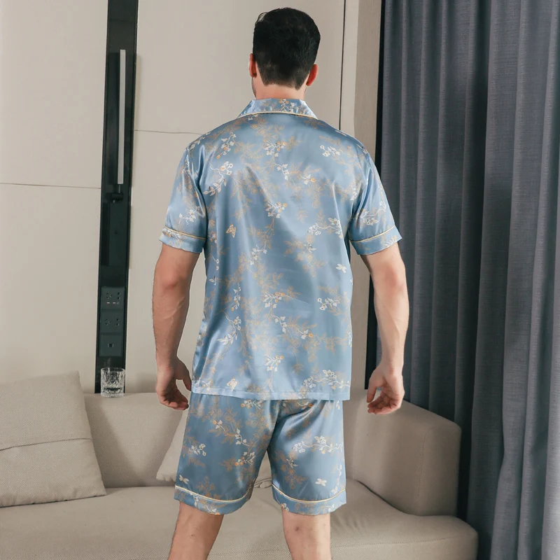 Men's pajamas short sleeved summer ice silk home clothing men's summer casual thin cardigan can be worn as a set home clothing