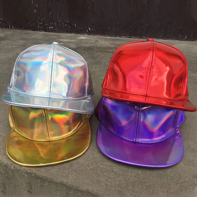 Women Men Faux PU Leather Laser Hat Fashion Hip Hop Caps Rainbow Gradient Colorful Reflective Leather Baseball Cap