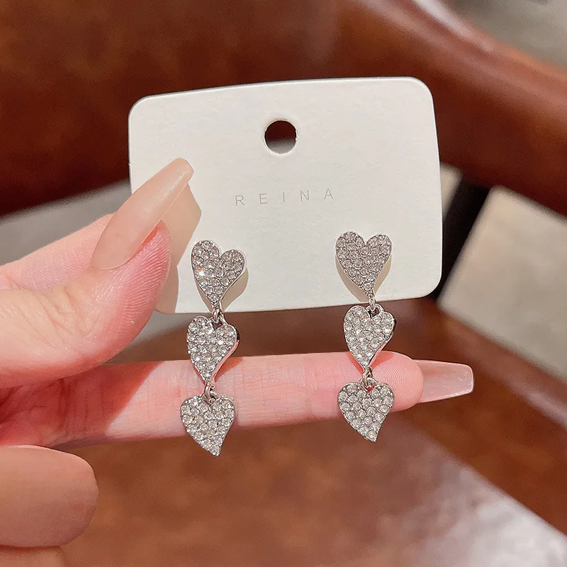 Full Crystal Rhinestone Three Layers Heart Drop Earring for Women Geometric Elegant Sweet Jewelry Girl Friend Gift