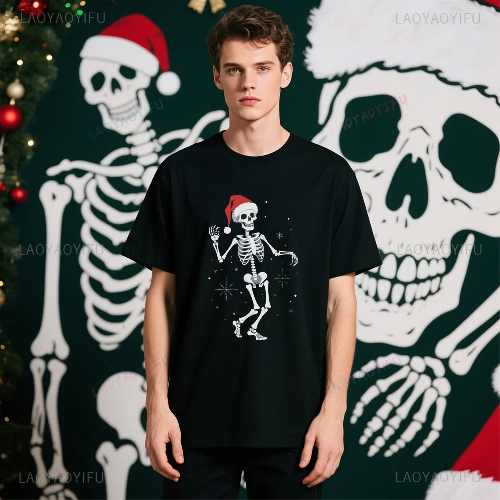 

A Christmas Skeleton Wearing A Xmas Hat Skull Printed TShirt Tops A Funny Skeleton Man Tops Tee Shirt Unisex High Quality Cotton