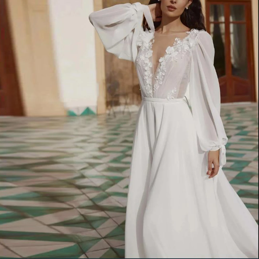 فستان زفاف بوهيمي مخصص على شكل حرف A مع دانتيل الوهم الرقبة فانوس كم فستان عروس الشاطئ بدون ظهر فيستدوس دي نوفيا #3