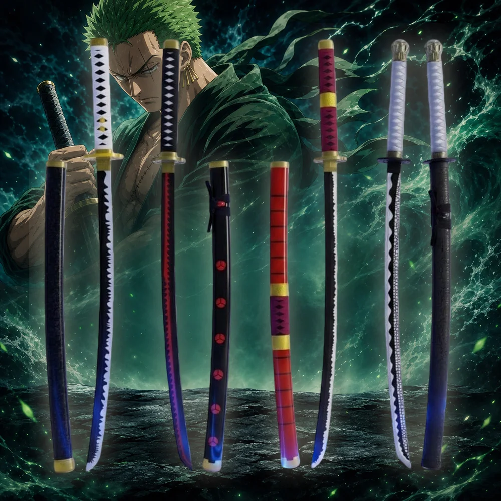 40inch 101cm Katana Sword One Piece Zoro Wado Sandai Kitetsu Enma Shusui Blade Wood Bamboo Japanese Samurai Anime Cosplay Prop Assorted Mixed Set Real Size Three Sword Style Otaku Gift Toy Display Ninja Knife Schwert