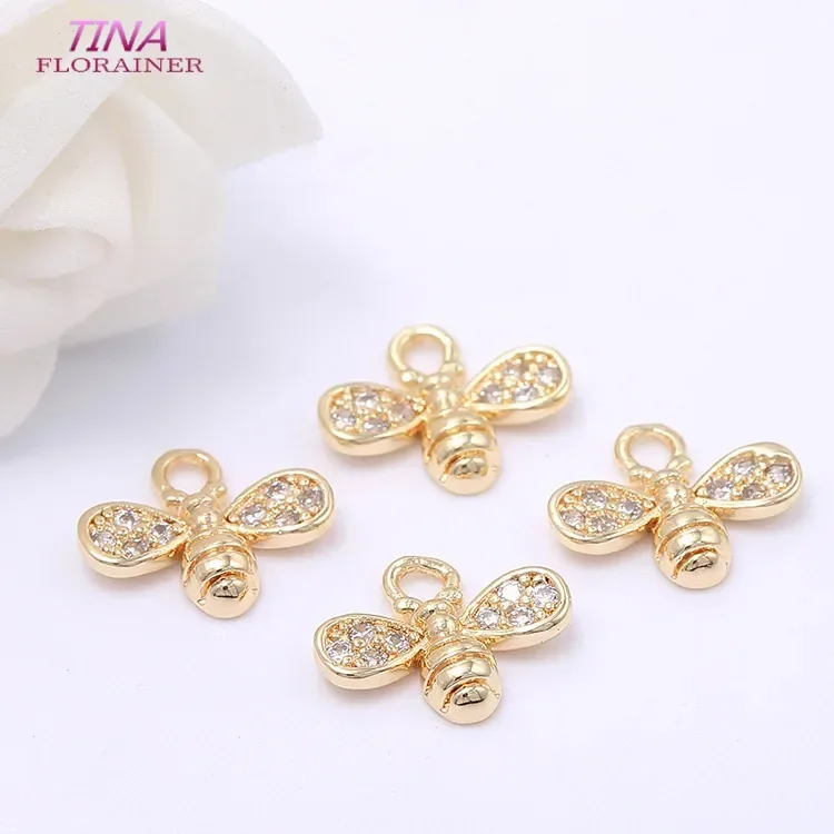 10*8mm Mini Bee Pendant For Earring Charms 14k gold Color plated inlaid zircon Bee charm wholesale