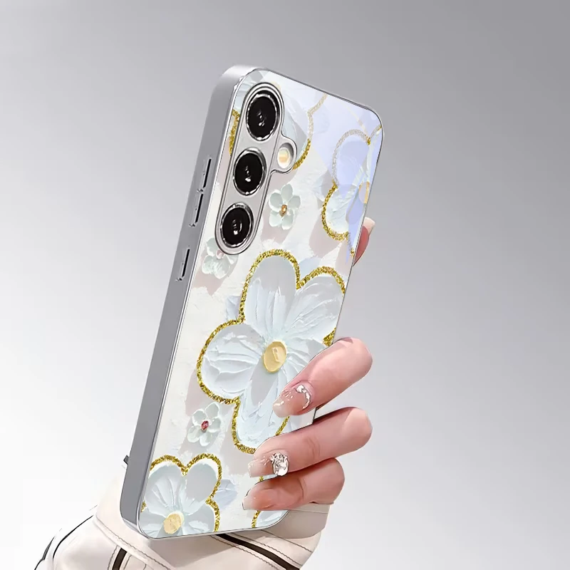 Gilded Impasto Bloom Electroplated Silver Phone Case For Samsung S24 S21 20 Ultra S22 FE S23 Plus S25 S26 Note 10 20 Glass Cover