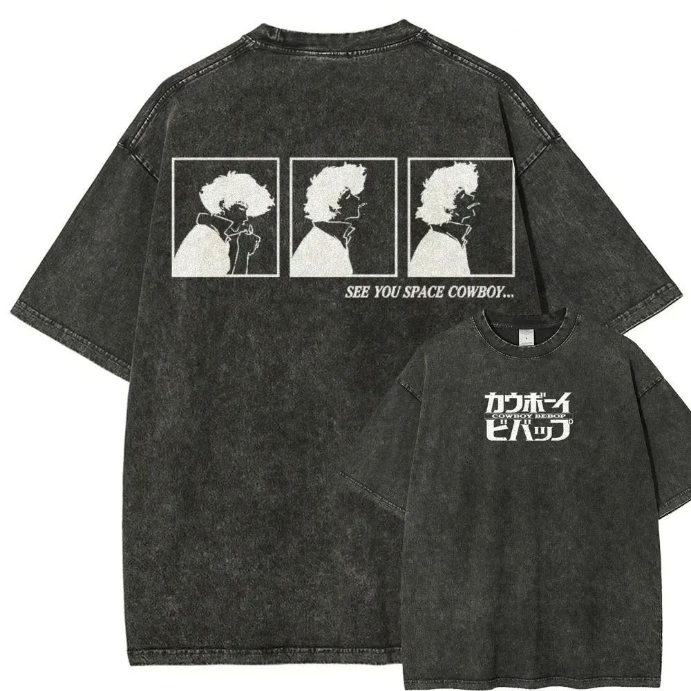 Camiseta lavada 100% algodón esencial de verano para hombre con estampado de patrón Spike Spiegel de la serie Anime "Cowboy Bebop"