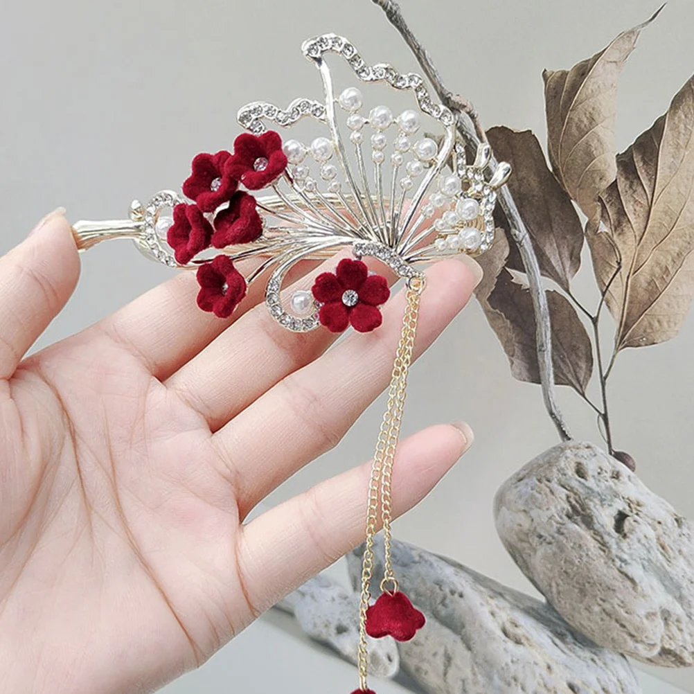 

Camellia Pearl Hair Clip Tassel Design for Women Bridal Wedding Accessories Elastic Barrettes Floral Hairnaments