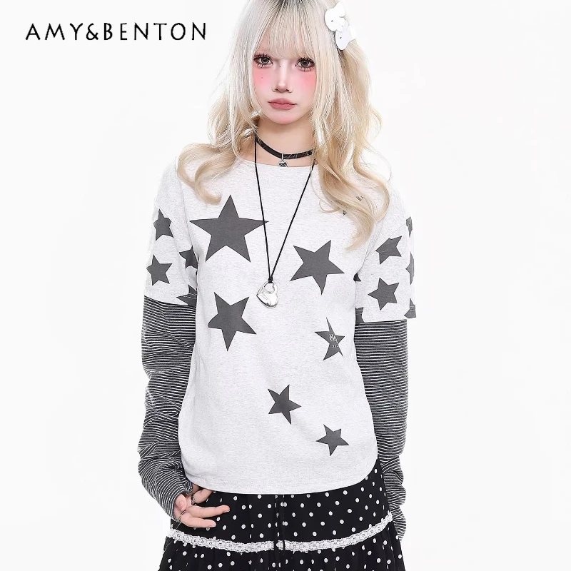 

2026 Spring Autumn New Y2k Fake Two-Piece Women's Bottoming Shirt Retro Design Star Print Splicing Versatile T-Shirts Ladies
