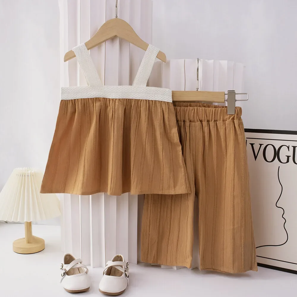 Pakaian Musim Panas untuk Anak Perempuan Usia 3-7 Tahun, Atasan Tanpa Lengan dengan Tali + Celana Kaki Lebar, Set 2 Pcs, Pakaian Kasual Anak Warna Solid