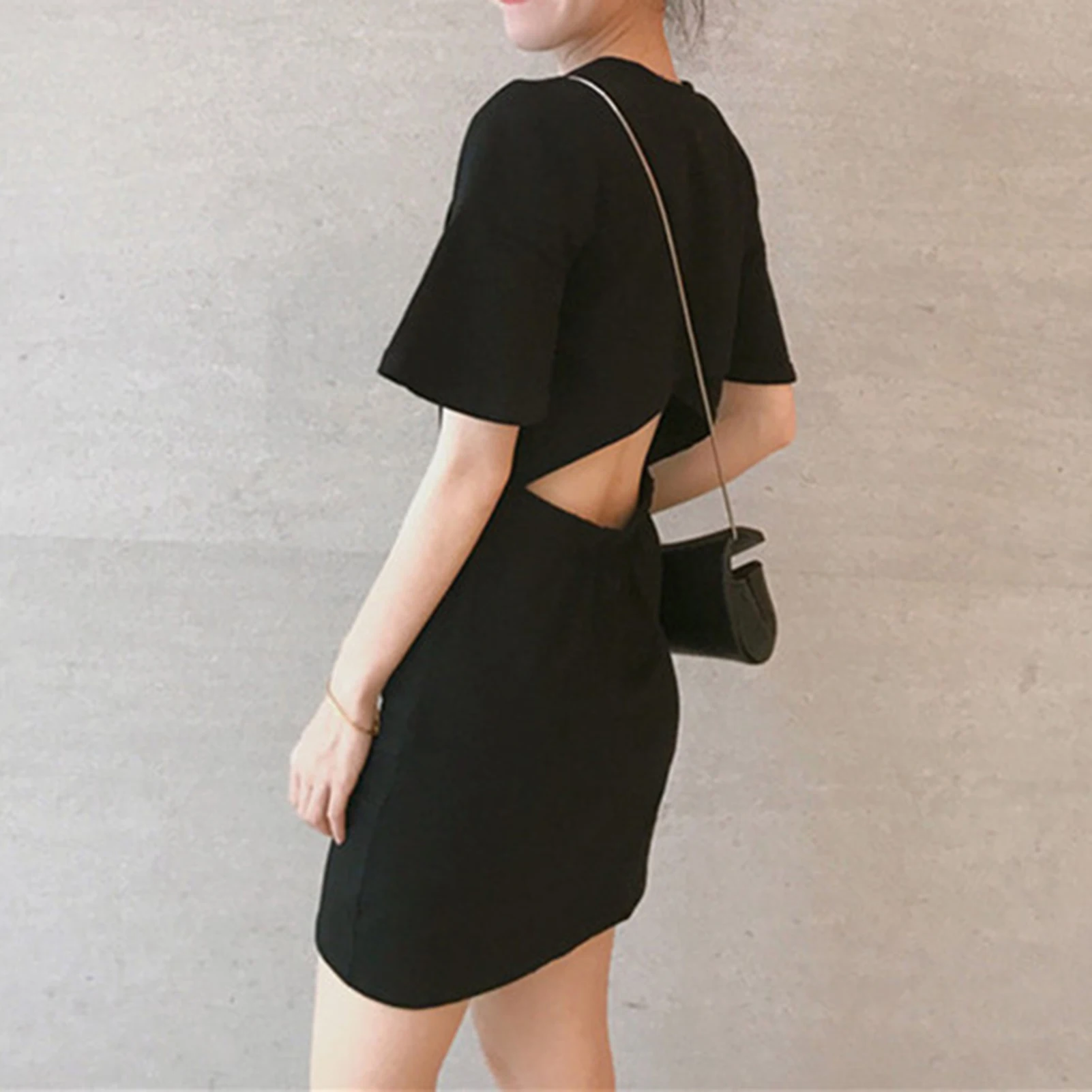 Women's Summer Dresses Short-Sleeve Crewneck Backless Solid Tunic Dress for Dating Working Shopping