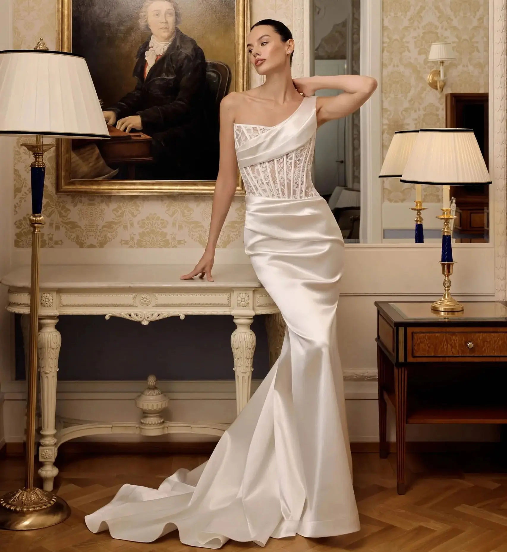 Vintage Mermaid Satin Wedding Dresses One Shoulder Lace Sleeveless Bridal Gowns Sexy Sweep Train Customized Vestidos De Mariee