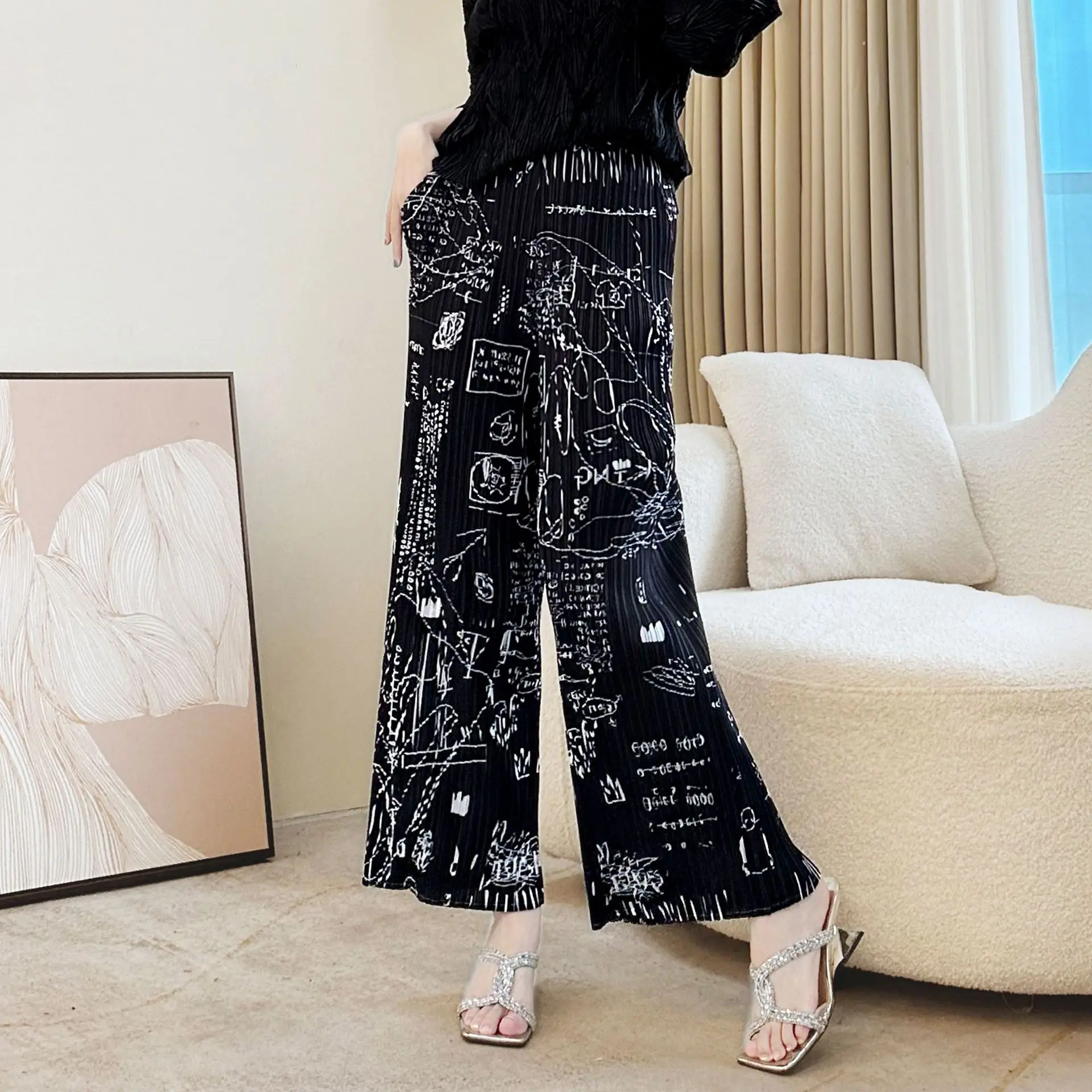 Miyake Pleated Harmony Geometric Printed Straight Pants