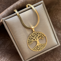 Stainless Steel Gold Color The Tree Of Life Pendants Necklace Men Women Blade Snake Chain Choker Family Tree Amulet Jewelry