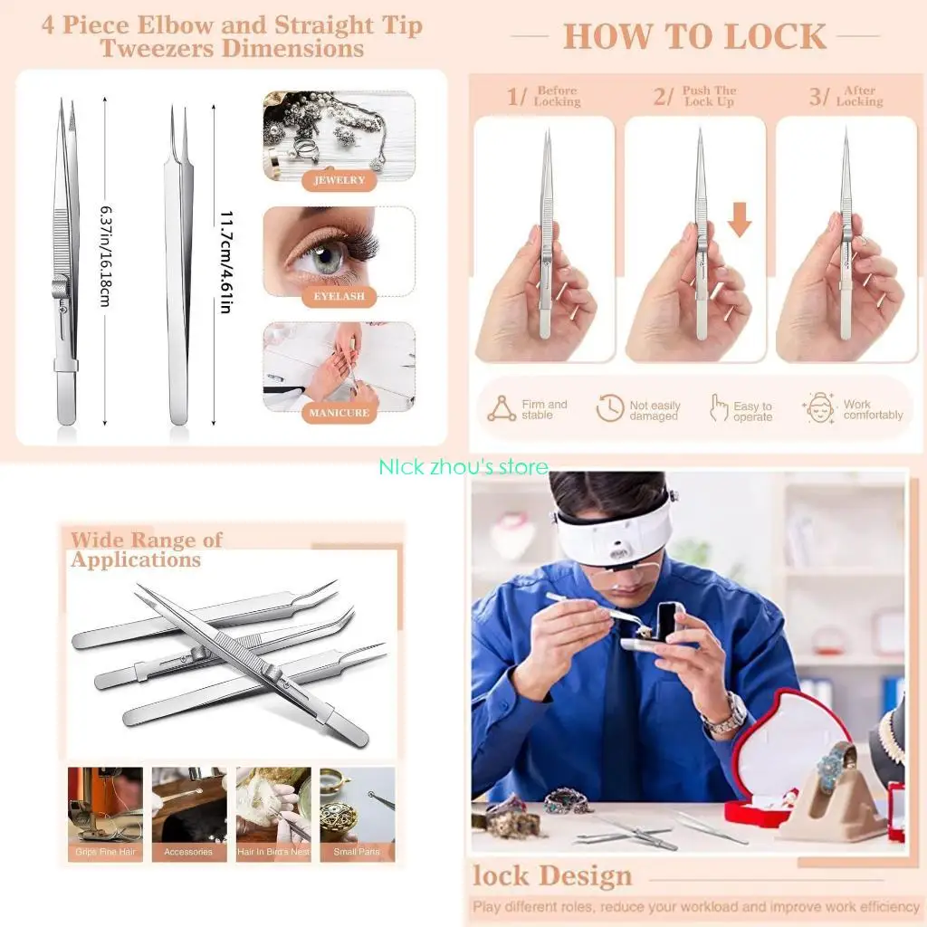 

E15E 4Pcs Angled Tweezers for Crafts Electronics Laboratory Jewelry Making Soldering