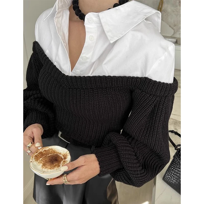 Tannt Maglioni da donna Manica a lanterna irregolare Pullover nero allentato Lavoro a maglia Asimmetrico Moda Allentato Casual Top lunghi in maglia