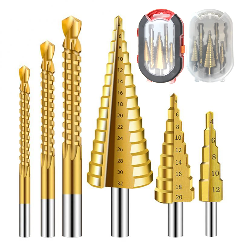 4-12/4-20/4-32mm Triangular Handle Straight Groove Pagoda Step Drill 3/6/8mm Saw Drill Pull Slot Hole Drill Tool Set
