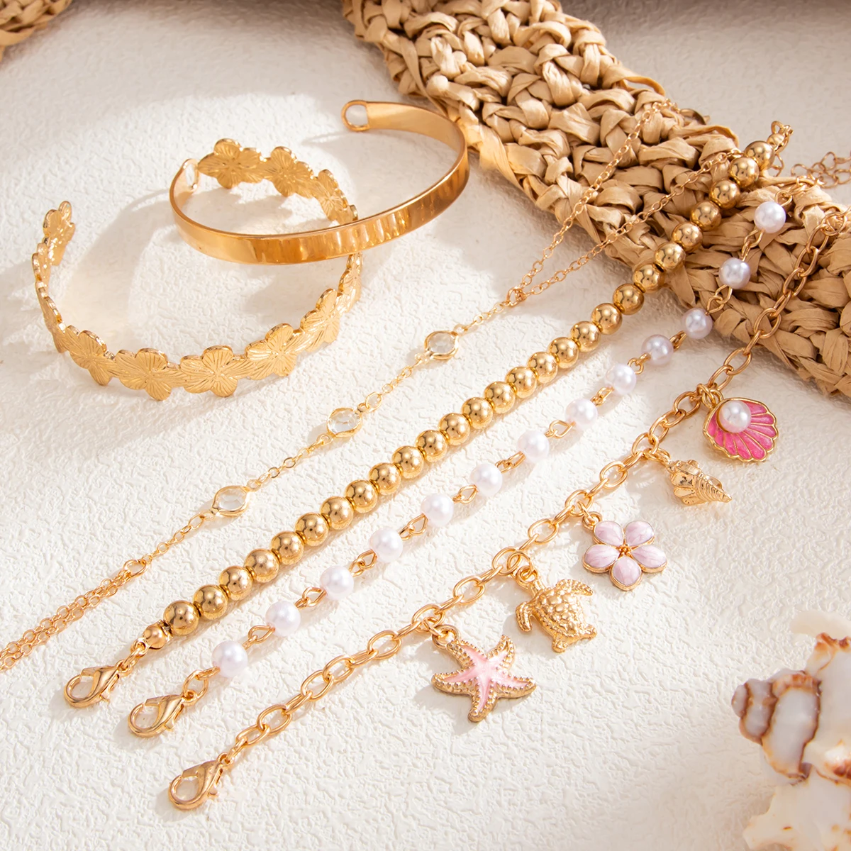 Salircon 6Pcs/Set Trend Exquisite Flower Imitation Pearl Bracelet Bangles Women Creative Crystal Tassel Finger Bracelets Jewelry