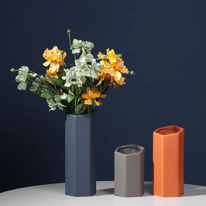 Nordic art geometric ceramic vase Morandi creative hexagonal simple entrance desktop home decoration ornament