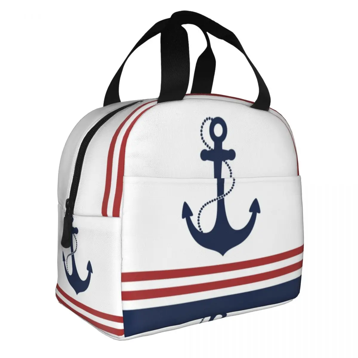 Custom Nautical Navy Blue Anchor With Stripes Thermal Insulated Lunch Bag Women Sailing Sailor Portable Lunch Tote Food Box