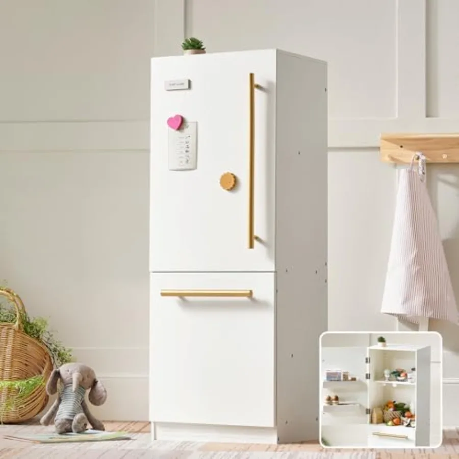 

Wooden Toy Fridge for pretend play, natural wood finish, spacious storage, realistic kitchen refrigerator with three freezer ma