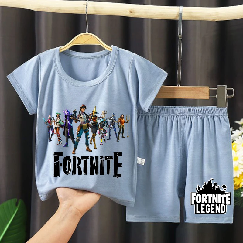 Fortnites 어린이 잠옷 만화 게임 그림 인쇄 짧은 소매 잠옷 아기 소년 Kawaii Loungewear 여름 어린이 의류