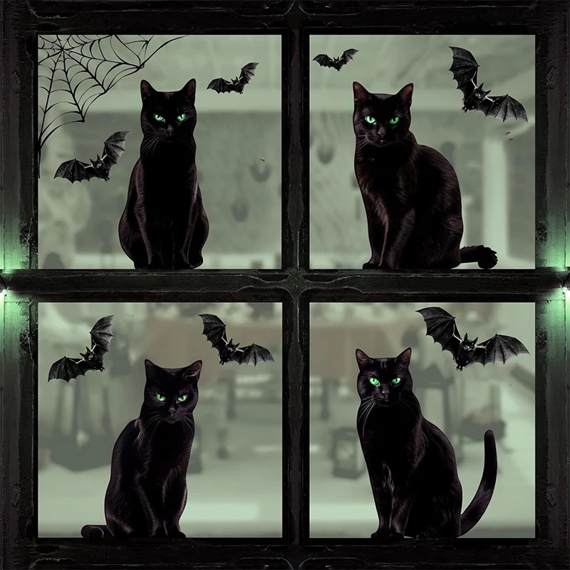 Halloween Decoration 2024 Black Cats Window Decals Halloween Window Sticker Spider Web Bat Black Cat Window Cling trick or treat