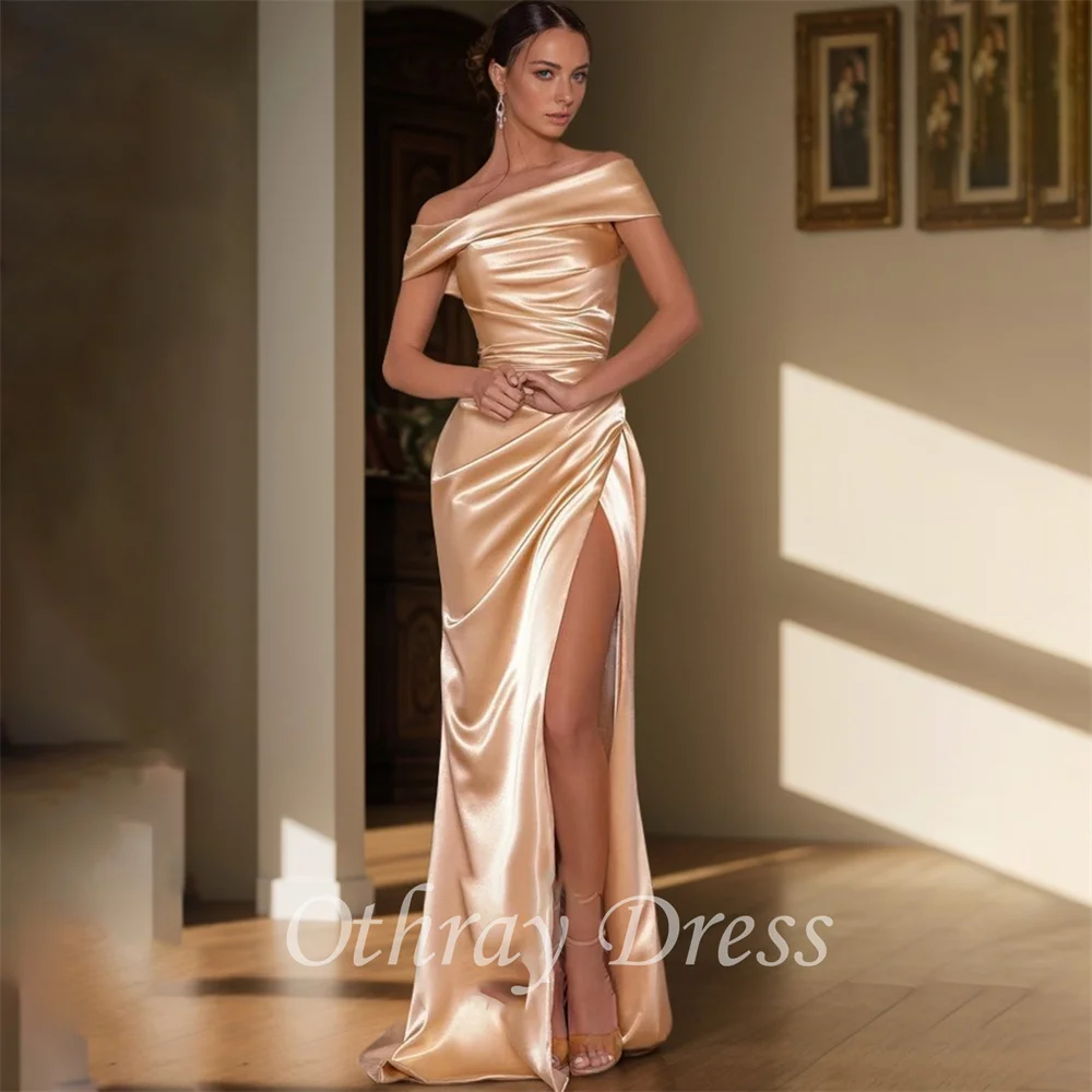 

Classic Sheath Off-Shoulder Prom Dresses Pleats Party Dresses With Slit Evening Dress Long Vestidos De Fiesta فساتين السهرة