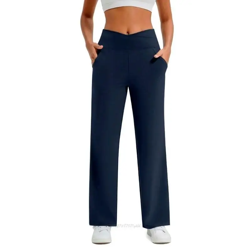 سروال يوجا نسائي واسع الساق X5XA قابل للتمدد عالي الخصر وجيوب كاجوال