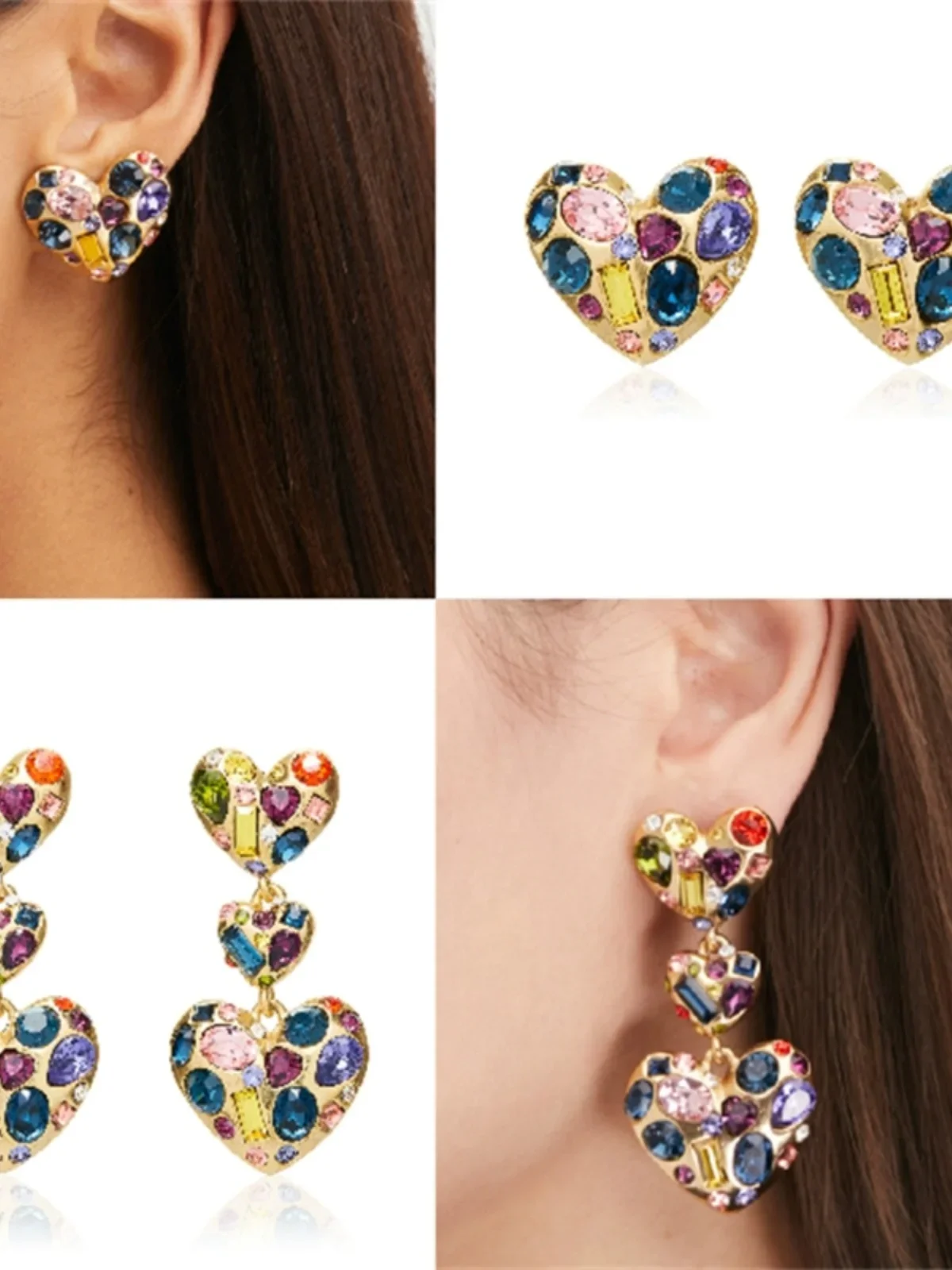 

European and American Designers Designed Retro Elegant Brass Heart-shaped Crystal Color Matching Fashion Temperament Earrings.