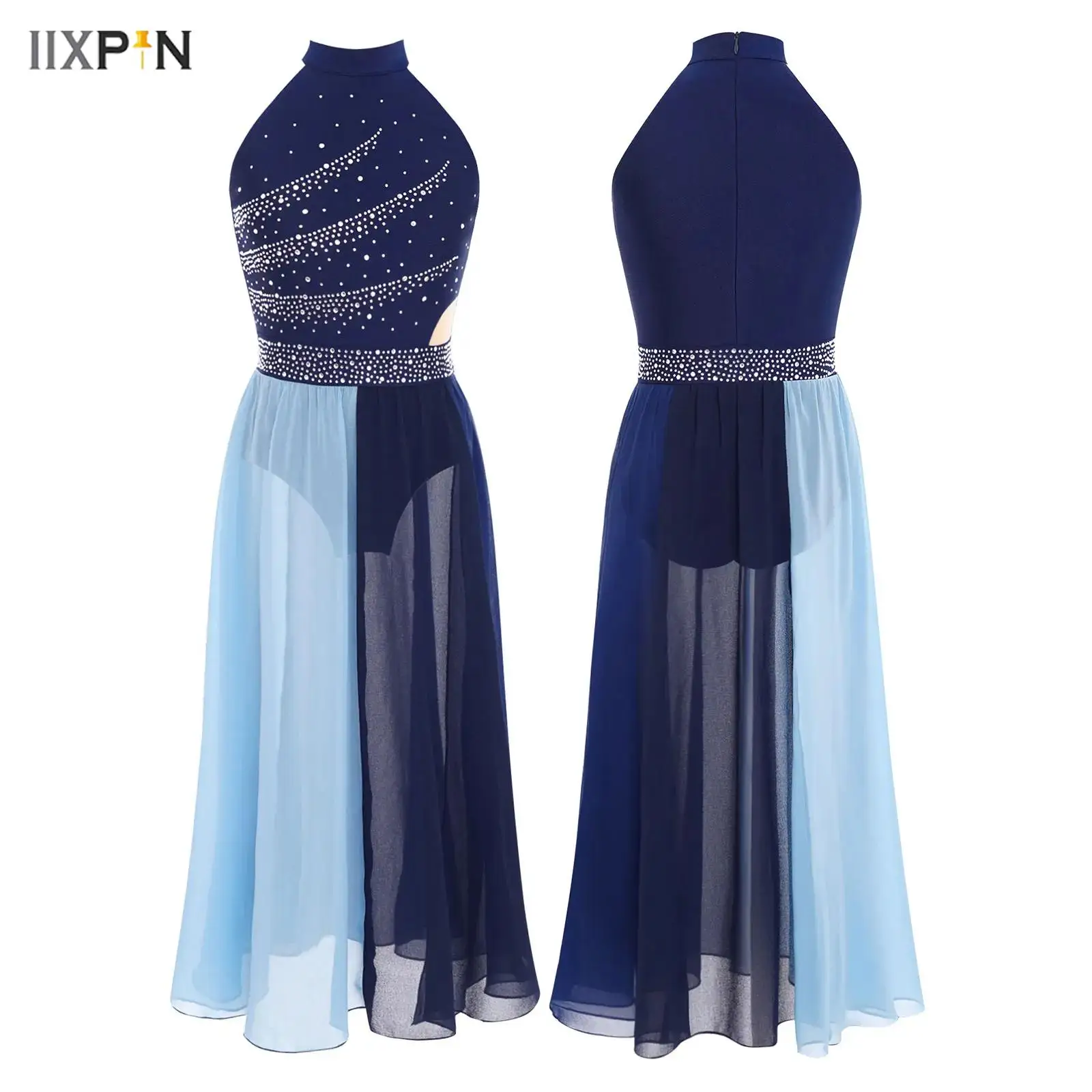 

Kids Girls Modern Lyrical Dance Dress Mock Neck Sleeveless Shiny Rhinestones Color Block Side Split Chiffon Maxi Dress Dancewear
