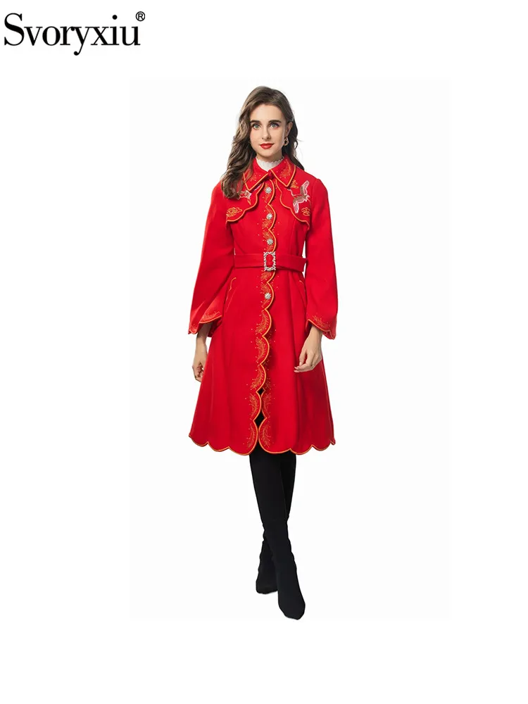 Svoryxiu Fashion Runway Winter Red Vintage Outerwear Women's Turn-down Collar Embroidery Long Sleeve Belt Slim A-Line Outerwear