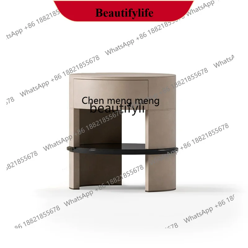 D178 Minimalist High-End Bedroom Round Lacquered Bedside Table Solid Wood Nightstand