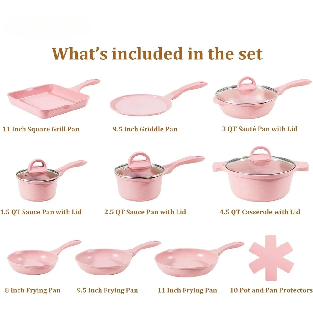 23pcs Pink Pots and Pans Set Nonstick, Healthy Kitchen Cookware Sets, Induction Cooking Set Pink Granite Stone Frying Pans