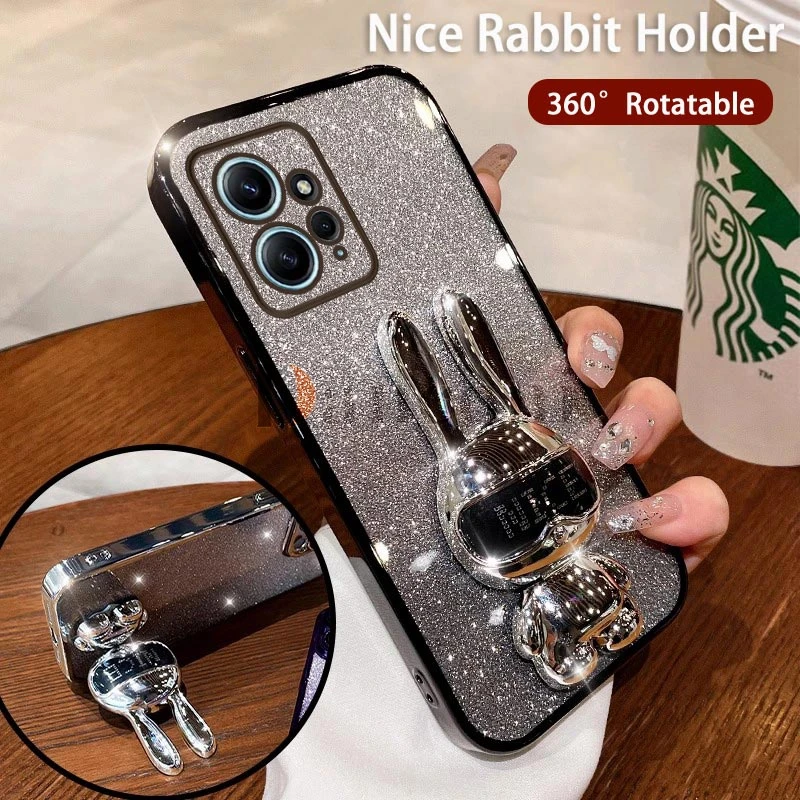 Handsome Rabbit Plating Phone Holder Case For Xiaomi Redmi Note 12 12 Pro Plus 12S 12T Pro 12Pro 11SE 11 11Pro 10 10S 9 9S Cover