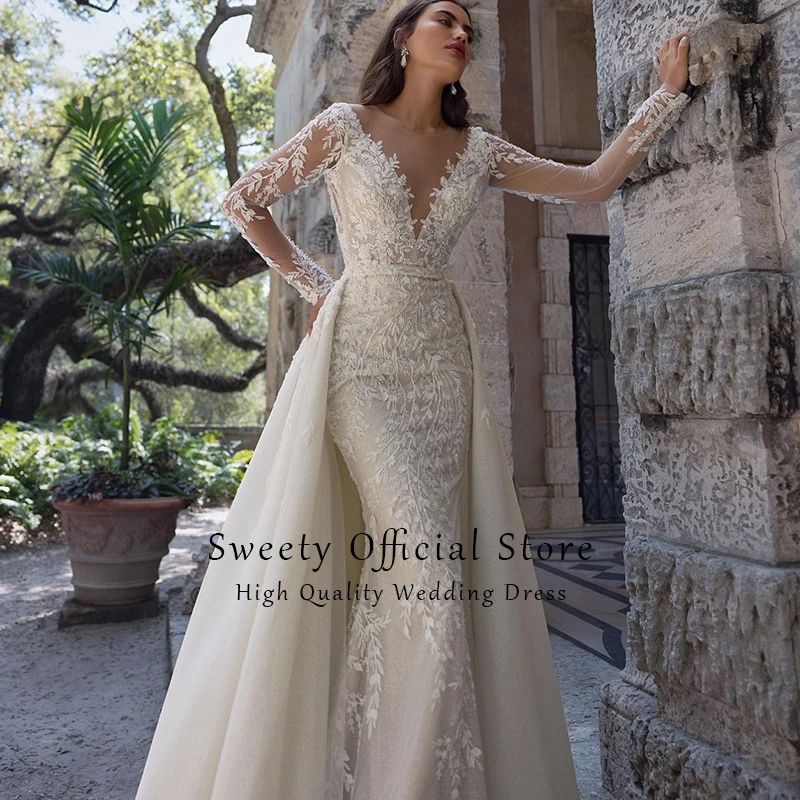 Sirena di lusso staccabile 2 in 1 abito da sposa pizzo ricamato su rete con strascico O-collo maniche lunghe abiti da sposa Vestido De Novi